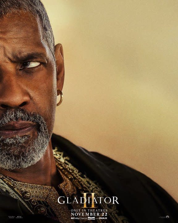 Denzel Washington as Macrinus on the poster for Gladiator II.