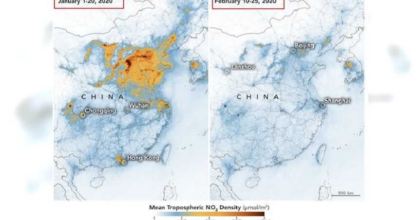 NASA釋出2個月來的中國空汙對比圖，可以看到二氧化碳變淡趨勢令人驚訝。（圖／翻攝自NASA）