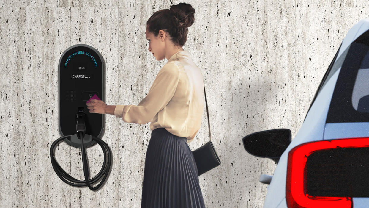  A woman charge her EV with LG Electronics technology. . 