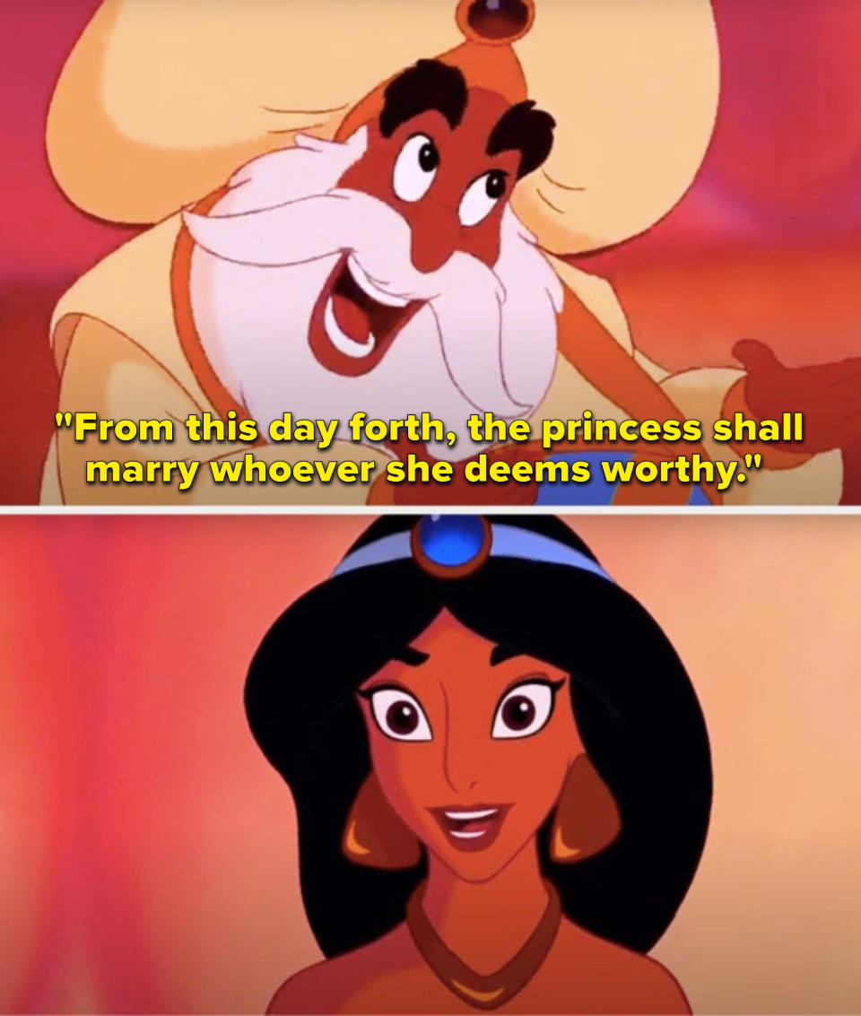 The Sultan says, "From this day forth, the princess shall marry whoever she deems worthy," and Jasmine beams