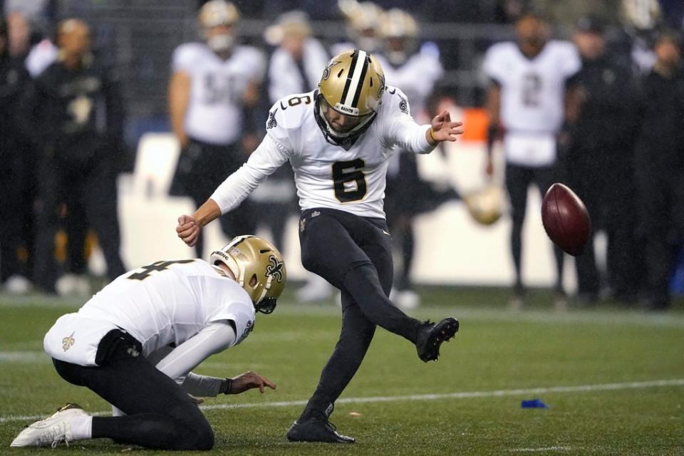 New Orleans Saints’ Brian Johnson kicks a 33-yard field goal against the Seattle Seahawks (Ted S Warren/AP) (AP)