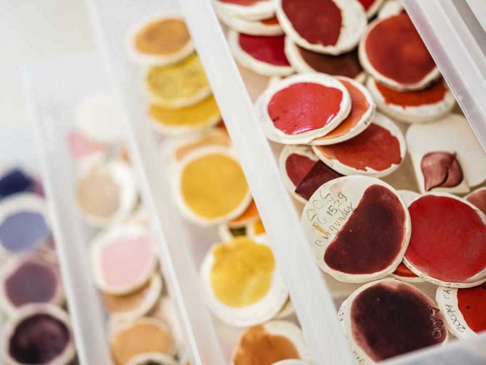 glaze color samples made by sculptor kathy butterly in her studio in new york, ny on may 1, 2019