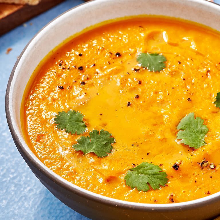 <p>If you're after a healthy soup recipe, look no further than this gorgeous sweet potato and carrot version. Packed full of veggies, it's quick to make, and super filling. And don't be put off by the apples and honey, these two crucial ingredients give the soup a gorgeous, and much-needed sweetness. </p><p>Get the <a href="https://www.delish.com/uk/cooking/recipes/a29952051/sweet-potato-and-carrot-soup/" rel="nofollow noopener" target="_blank" data-ylk="slk:Sweet Potato And Carrot Soup;elm:context_link;itc:0;sec:content-canvas" class="link ">Sweet Potato And Carrot Soup</a> recipe.</p>