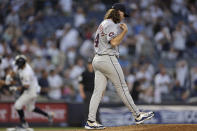 Houston Astros pitcher Spencer Arrighetti walks on the mound after giving up a home run to New York Yankees designated hitter Giancarlo Stanton during the third inning of a baseball game Wednesday, May 8, 2024, in New York. (AP Photo/Adam Hunger)
