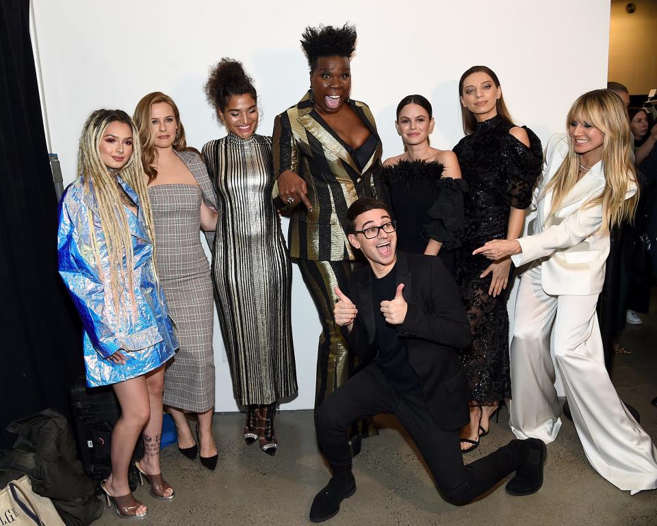 From left to right: Zhavia Ward, Alicia Silverstone, Indya Moore, Leslie Jones, Rachel Bilson, Angela Sarafyan, Heidi Klum with Christian Siriano at his show at New York Fashion Week.