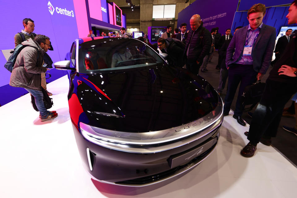 BARCELONA, SPAIN - MARCH 11: The Lucid Air, the longest range, fastest charging luxury electric car by Lucid Motors, an American electric vehicle company,  exhibited during the Mobile World Congress 2023 on March 11, 2023, in Barcelona, Spain. (Photo by Joan Cros/NurPhoto via Getty Images)