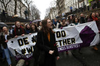 <p>Women march during a demonstration called by feminist associations to mark International Women’s Day, in Paris on March 8, 2018. Statistics show that at the same age and equivalent job, there is a 9 percent gap between the wages of men and women in France.<br> (Photo: Thibault Camus/AP) </p>