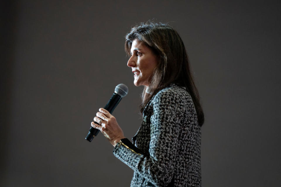 Republican presidential hopeful Nikki Haley speaks at a rally on January 28, 2024, in Conway, South Carolina. (Photo by Allison Joyce/Getty Images)