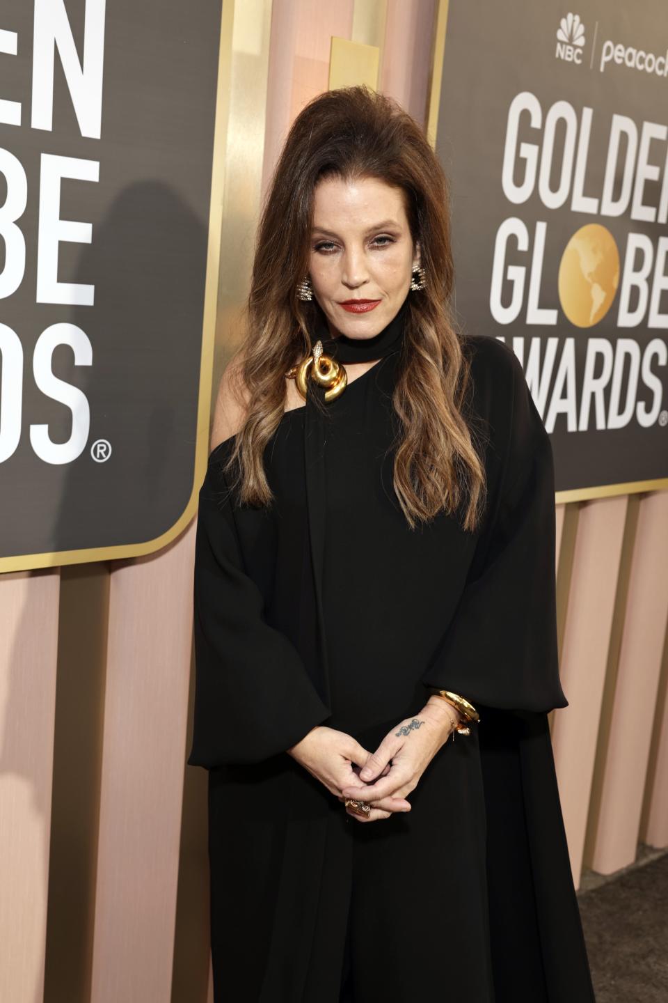 Lisa Marie Presley at the Golden Globes in January 2023 wearing black.