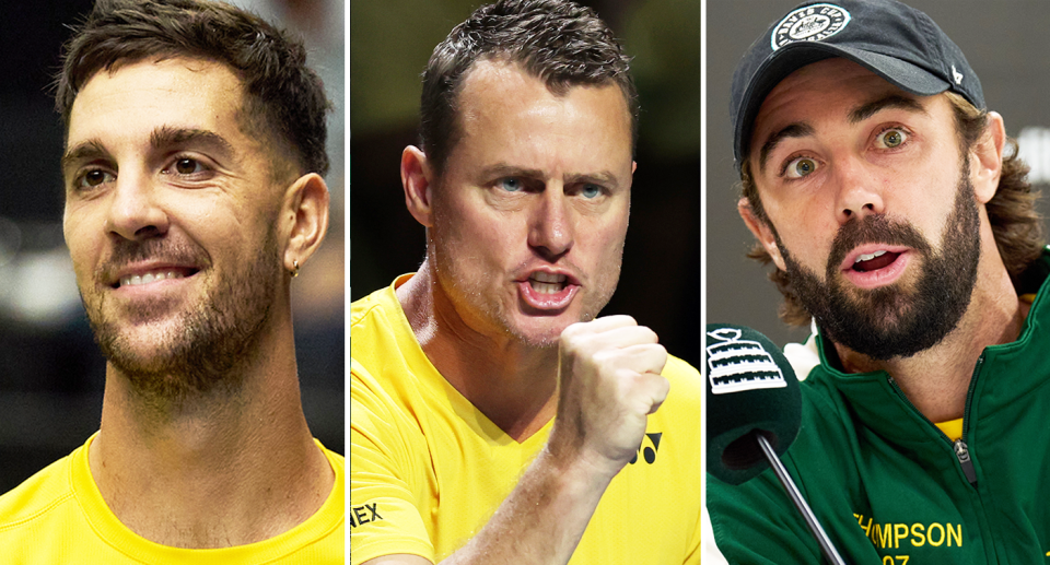 Pictured L-R: Thanassi Kokkinakis, Lleyton Hewitt, Jordan Thompson