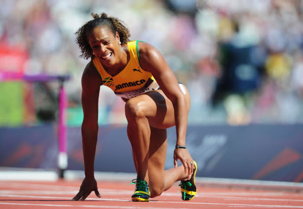 LONDON, ENGLAND - AUGUST 06: Brigitte Foster-Hylton of Jamaica reacts after competing in the Women's 100m Hurdles heat on Day 10 of the London 2012 Olympic Games at the Olympic Stadium on August 6, 2012 in London, England. (Photo by Stu Forster/Getty Images)