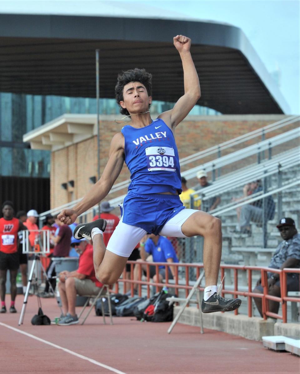 Valley's Adrian Valdes competes in the 1A boys long jump during the 2022 UIL Track & Field State Championship in Austin on Saturday, May 14, 2022.