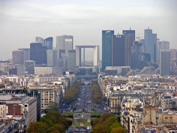 <span class="caption">Looming large: Paris’s La Défense financial district.</span> <span class="attribution"><a class="link " href="https://commons.wikimedia.org/wiki/File:Paris_-_Blick_vom_gro%C3%9Fen_Triumphbogen.jpg" rel="nofollow noopener" target="_blank" data-ylk="slk:Hofi0006/wikimedia;elm:context_link;itc:0;sec:content-canvas">Hofi0006/wikimedia</a>, <a class="link " href="http://creativecommons.org/licenses/by-sa/4.0/" rel="nofollow noopener" target="_blank" data-ylk="slk:CC BY-SA;elm:context_link;itc:0;sec:content-canvas">CC BY-SA</a></span>