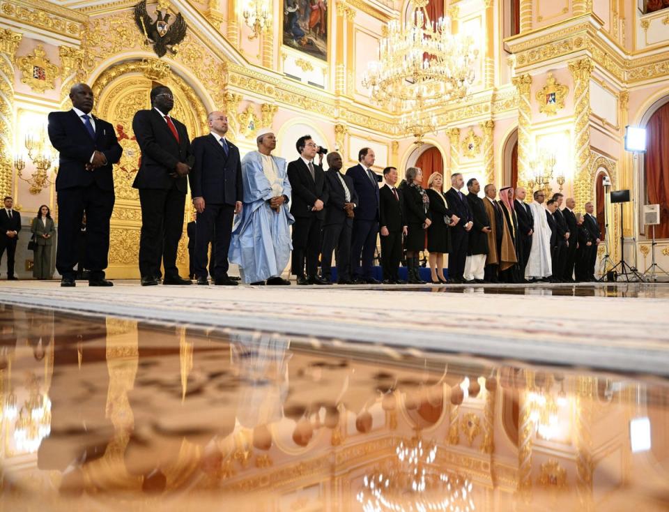 Newly appointed foreign ambassadors to Russia attend a ceremony to hand over their diplomatic credentials to Russian President Vladimir Putin at the Grand Kremlin Palace in Moscow (via REUTERS)