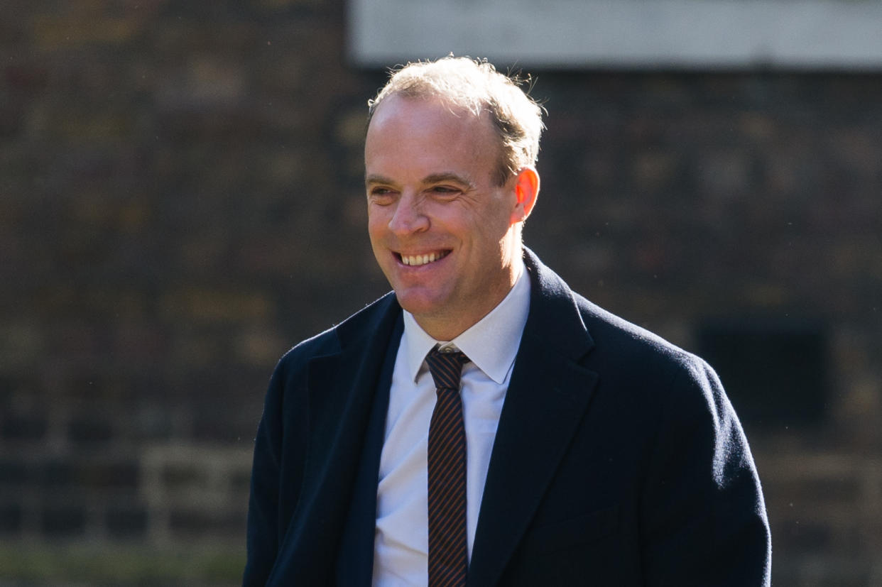 LONDON, UNITED KINGDOM - APRIL 18: Deputy Prime Minister, Lord Chancellor and Secretary of State for Justice Dominic Raab arrives in Downing Street to attend the weekly Cabinet meeting in London, United Kingdom on April 18, 2023. (Photo by Wiktor Szymanowicz/Anadolu Agency via Getty Images)