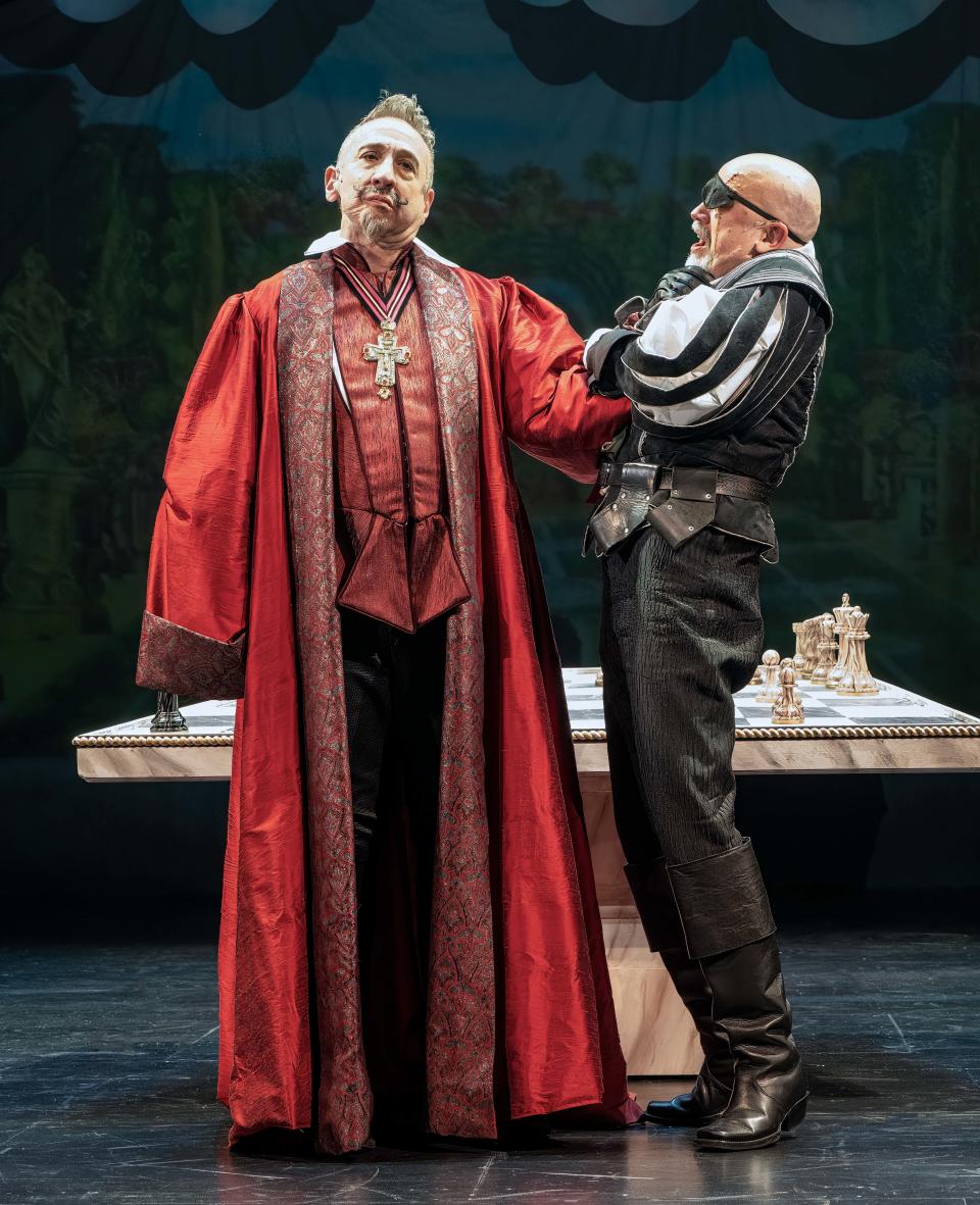 Jay Russell, left, as Cardinal Richelieu and Chris DuVal as his henchman Rochefort in Ken Ludwig’s “The Three Musketeers” at Asolo Repertory Theatre.