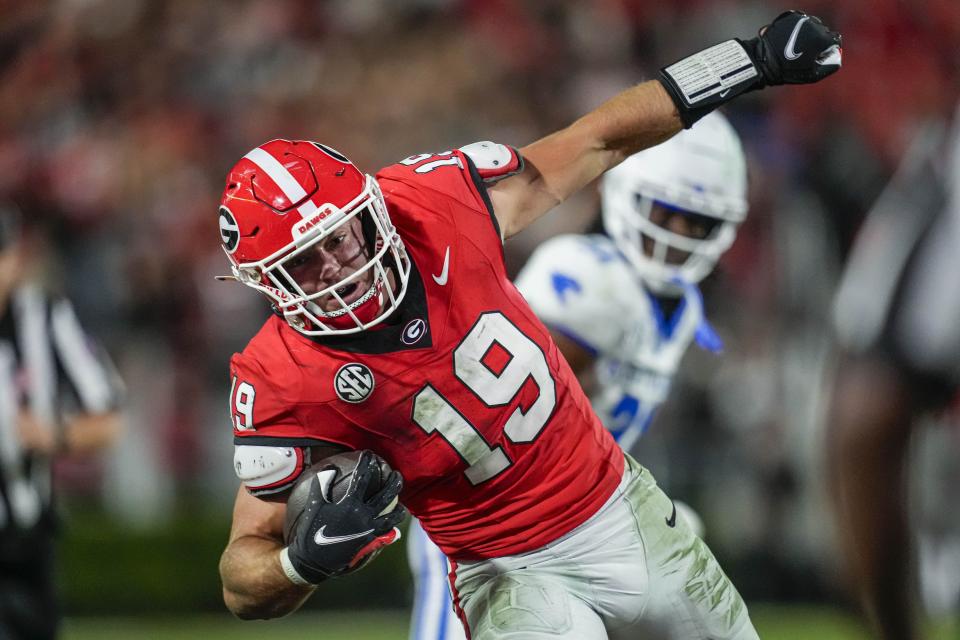 Oct 7, 2023; Athens, Georgia, USA; Georgia Bulldogs tight end Brock Bowers (19) runs against the Kentucky Wildcats during the second half at Sanford Stadium. Mandatory Credit: Dale Zanine-USA TODAY Sports