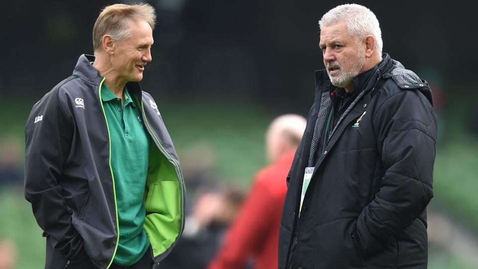 Joe Schmidt and Warren Gatland speak before the Six Nations match between Ireland and Wales in 2018