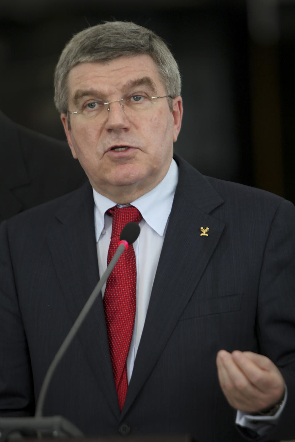 International Olympic Committee (IOC) President Thomas Bach speaks during a news conference after a meeting with Brazil's President Dilma Rousseff at Planalto palace in Brasilia, Brazil, Tuesday, Jan. 21, 2014. The city of Rio de Janeiro will host the Olympics in 2016. (AP Photo/Joel Rodrigues)