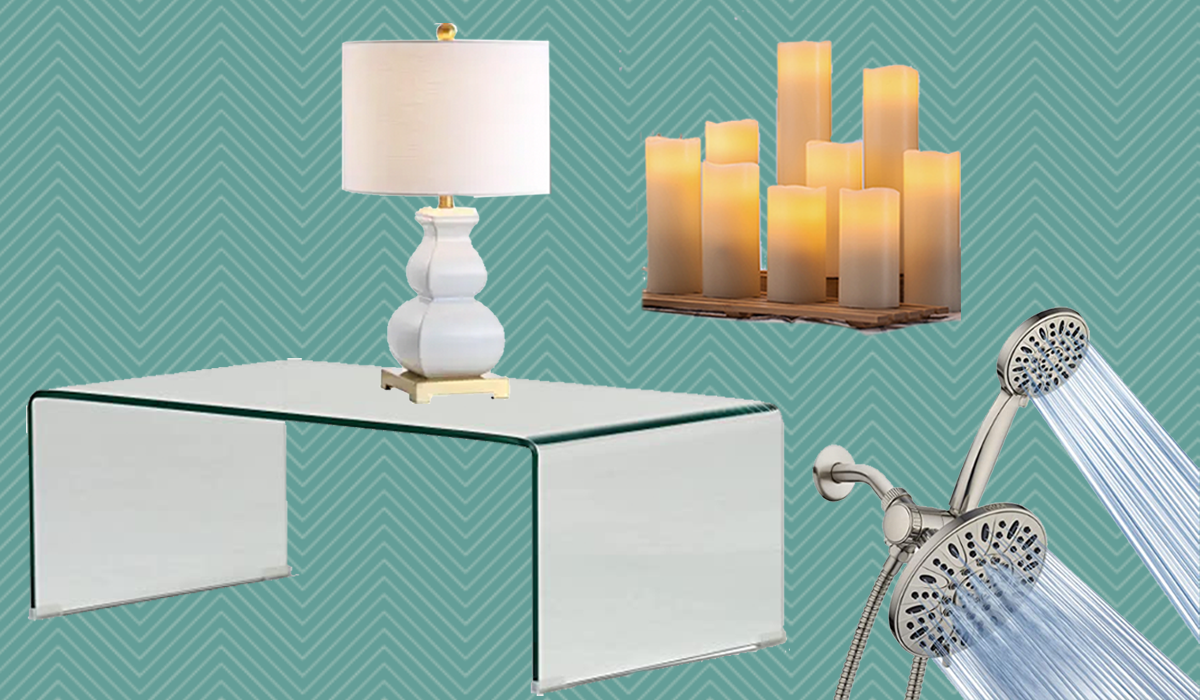 table, lamp, candles, showerhead