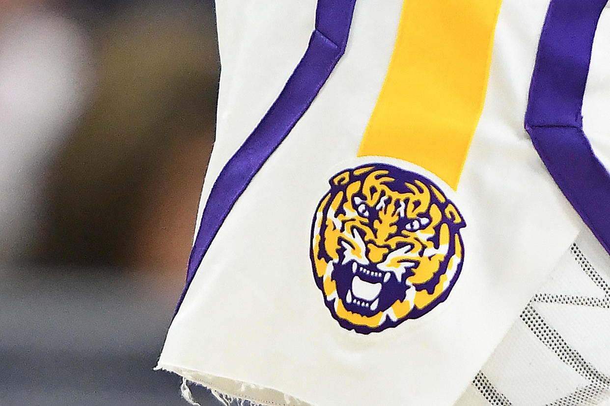 JACKSONVILLE, FL - MARCH 23: The LSU Tigers logo on air of shorts during the Second Round of the NCAA Basketball Tournament against the Maryland Terrapins at the VyStar Veterans Memorial Arena on March 23 2019 in Jacksonville, Florida. (Photo by Mitchell Layton/Getty Images)