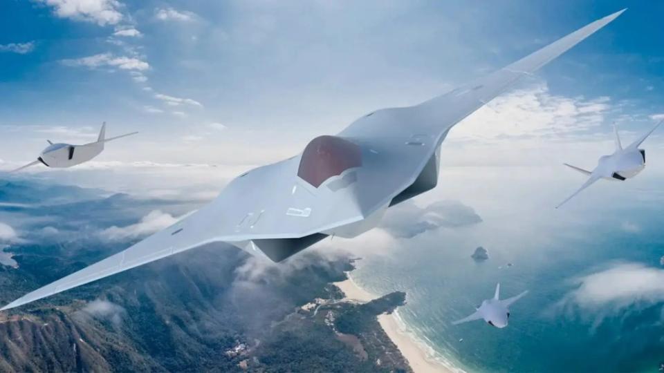 Another sixth-generation stealth combat jet rendering, depicted here also flying together with a trio of drones. <em>Collins Aerospace</em> A rendering of a notional sixth-generation crewed combat jet flying together with a trio of drones.<em> Collins Aerospace</em>