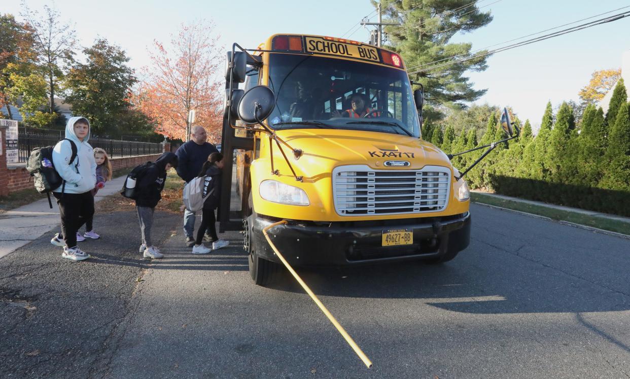First Student Bus driver Balthazar Velez picks up students headed to the Casimir Pulaski School in Yonkers Nov. 8, 2023.