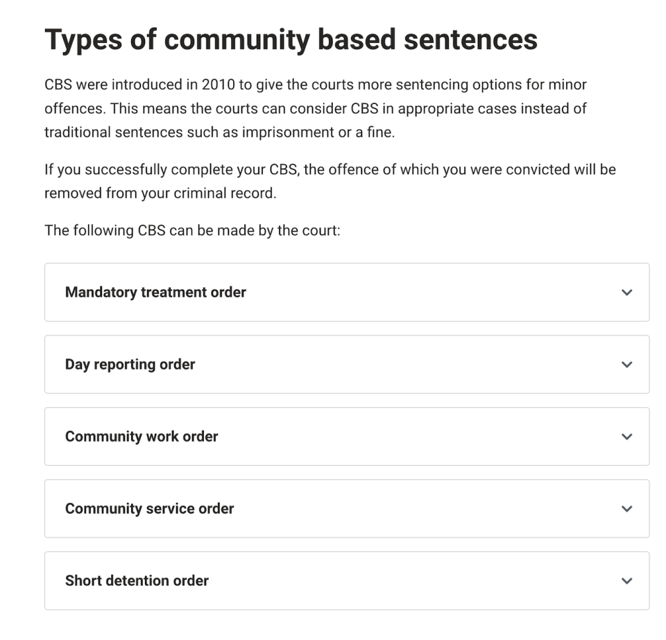 The various community-based sentences detailed on the judiciary.gov.sg website.