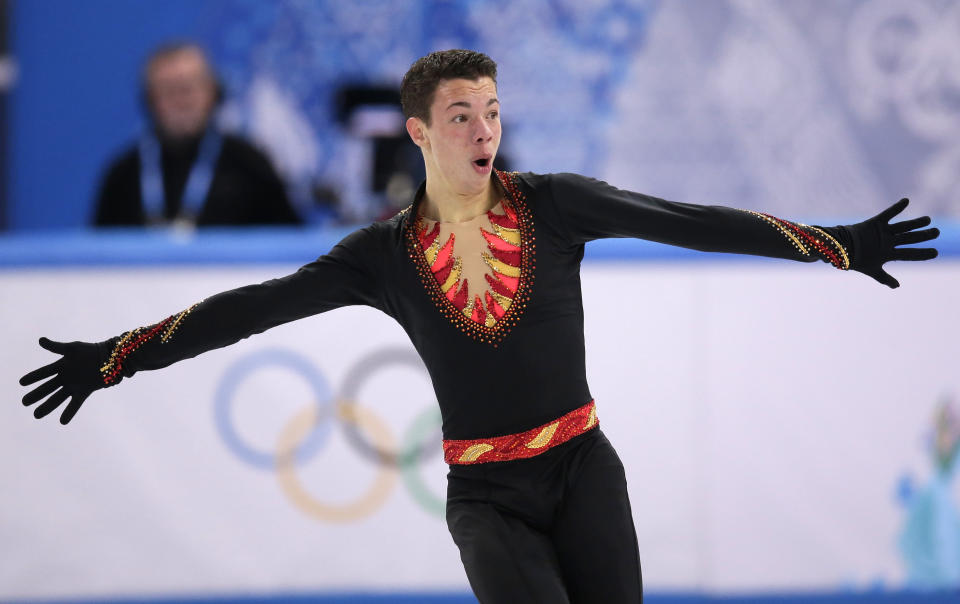 Jorik Hendrickx of Belgium competes in the men's short program figure skating competition at the Iceberg Skating Palace during the 2014 Winter Olympics, Thursday, Feb. 13, 2014, in Sochi, Russia. (AP Photo/Bernat Armangue)