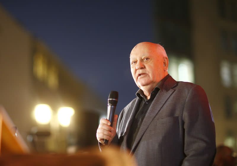 Former Soviet President Gorbachev visits the former Berlin Wall border crossing point Checkpoint Charlie in Berlin