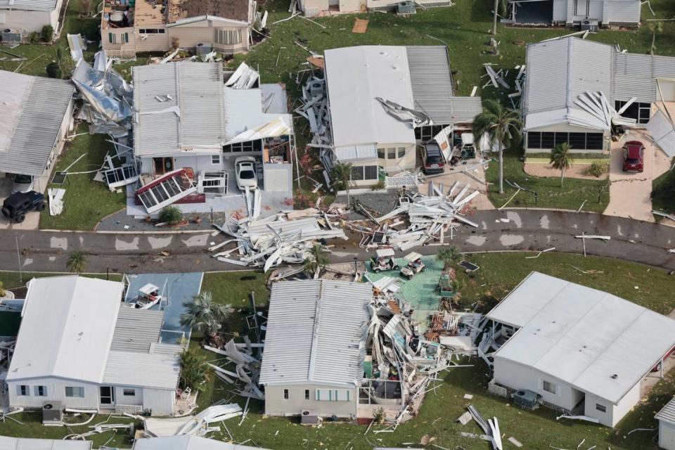 An aerial view of the homes damaged by Hurricane Ian in the vicinity of Fort Myers.