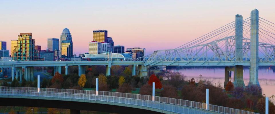 The Louisville, Kentucky skyline at sunrise