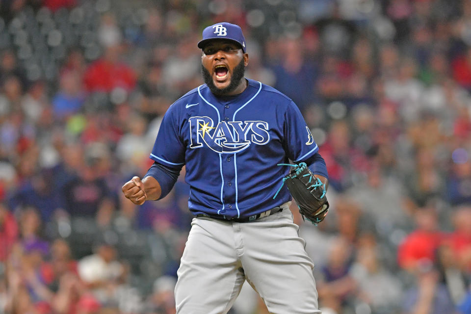 CLEVELAND, OHIO - JULY 22: Closing pitcher Diego Castillo #63 of the Tampa Bay Rays reacts after the last strike to defeat the Cleveland Indians at Progressive Field on July 22, 2021 in Cleveland, Ohio. The Tampa Bay Rays defeated the Indians 5-4 in 10 innings.  (Photo by Jason Miller/Getty Images)