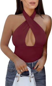 REORIA Women's Criss Cross Halter Bodysuit