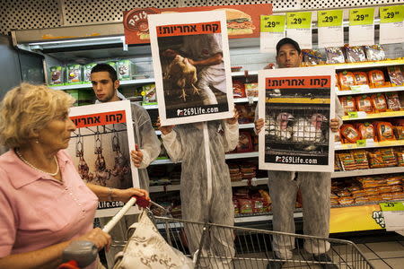 A customer pushes her cart past activists standing in front of meat products and holding placards calling for animal rights, at a supermarket in Tel Aviv, Israel in this November 7, 2013 file photo. REUTERS/Nir Elias/Files