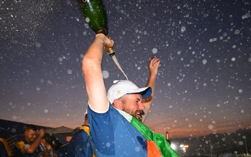 Shane Lowry douses himself with champagne - Tyrrell Hatton and Shane Lowry were last men standing in Europe's Ryder Cup celebrations