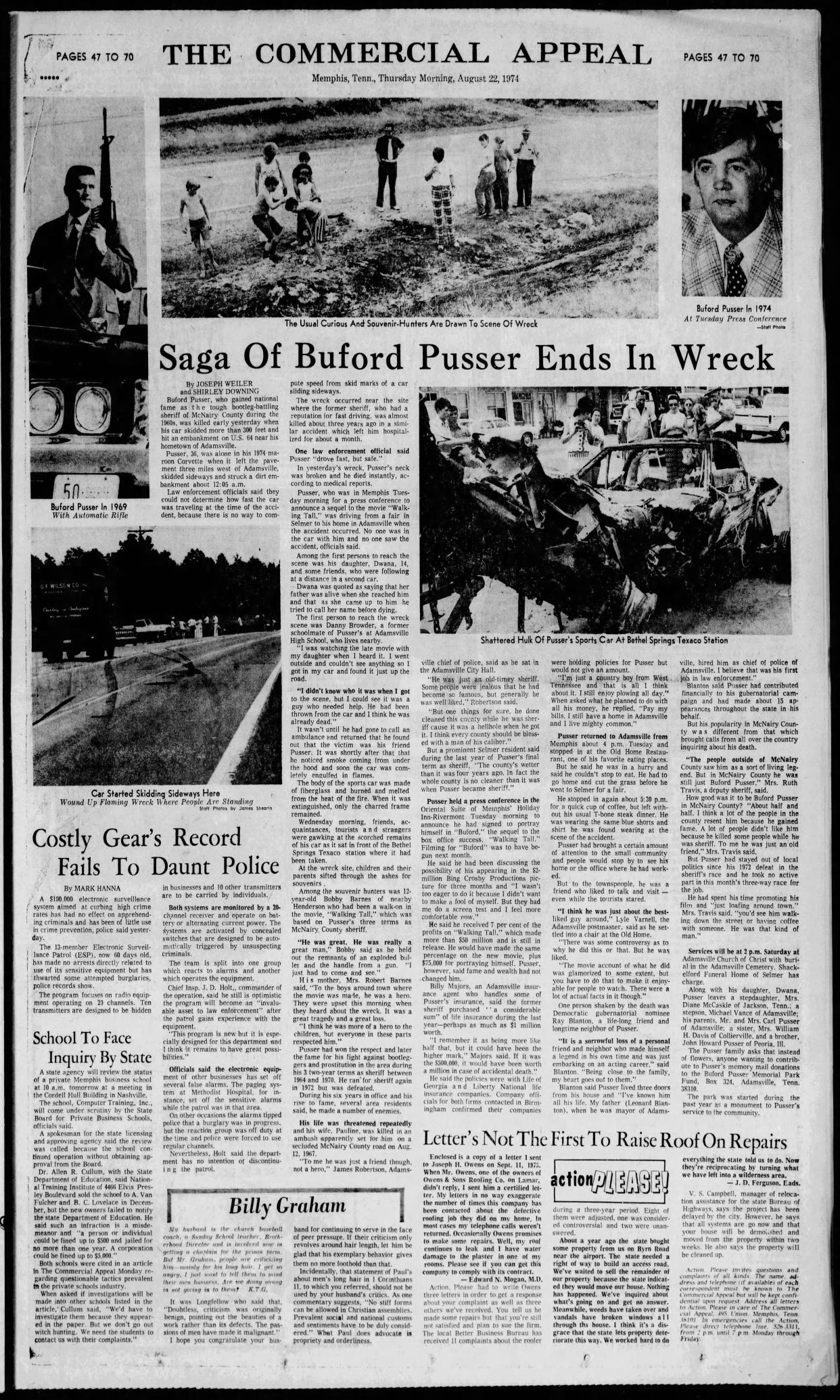 The Commerical Appeal ran a full-page article chronicling McNairy County Sheriff Buford Pusser's life after he was killed in a car crash in August 1974.