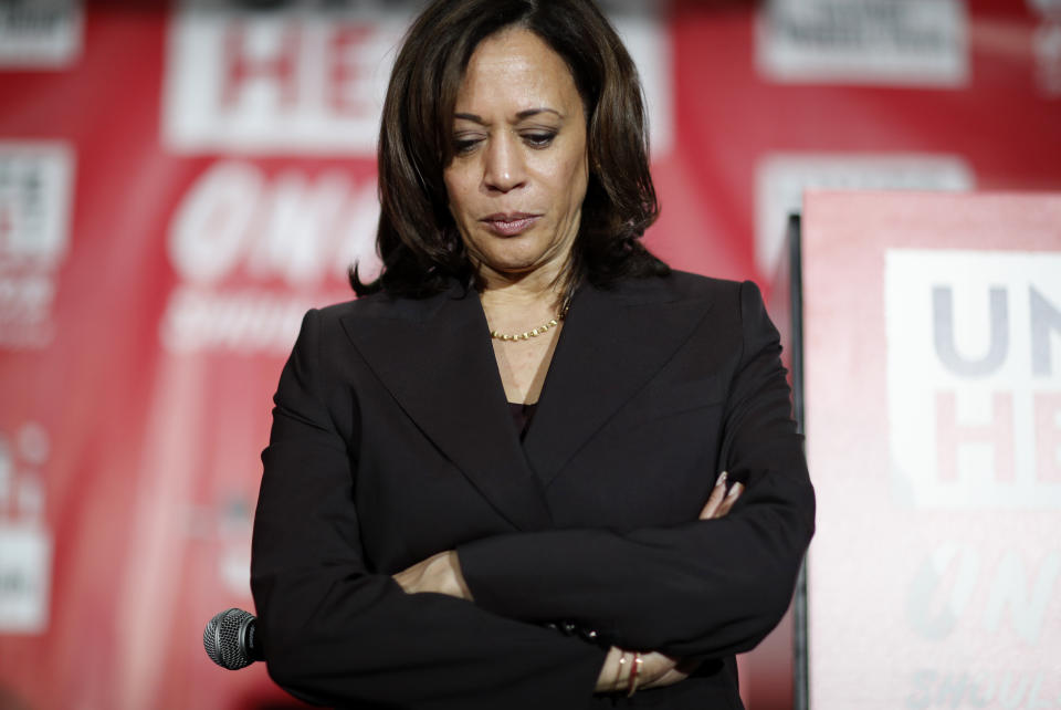 Democratic presidential candidate Sen. Kamala Harris, D-Calif., pauses as she speaks at a town hall event at the Culinary Workers Union, Friday, Nov. 8, 2019, in Las Vegas. (AP Photo/John Locher)