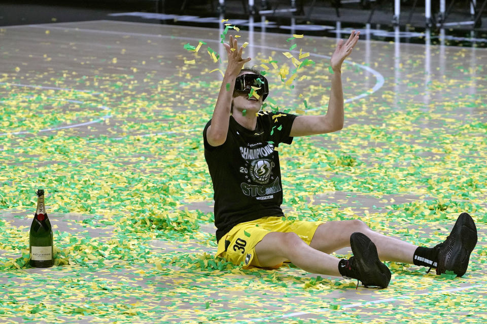Seattle Storm forward Breanna Stewart celebrates after the team won basketball's WNBA Championship Tuesday, Oct. 6, 2020, in Bradenton, Fla. (AP Photo/Chris O'Meara)