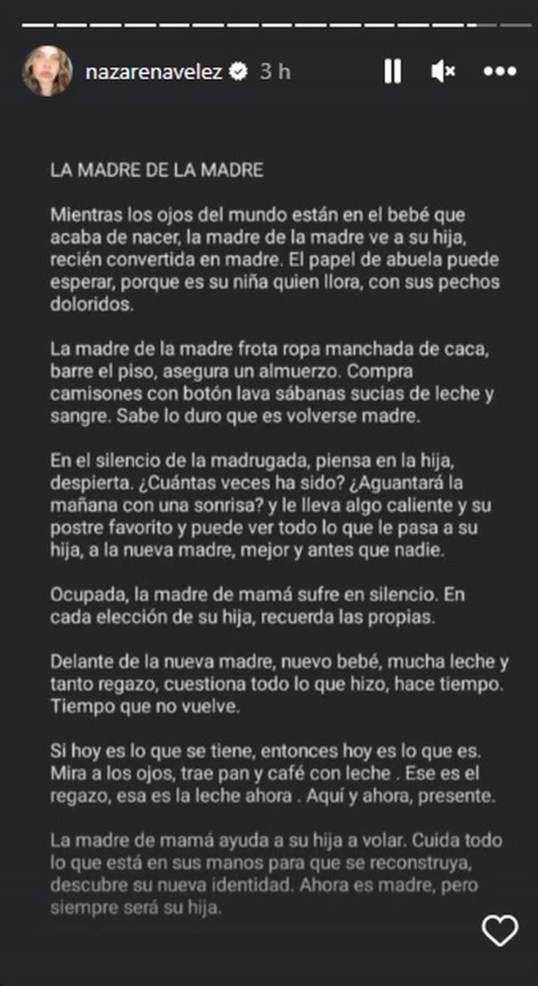 El texto que compartió Nazarena Vélez sobre el rol de abuela