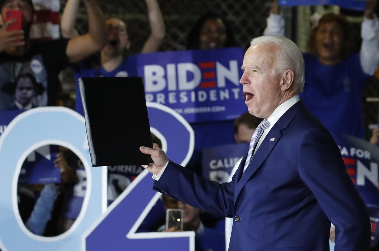 Joe Biden appears at his Super Tuesday night rally in Los Angeles, California, U.S., March 3, 2020. (Mike Blake/Reuters)