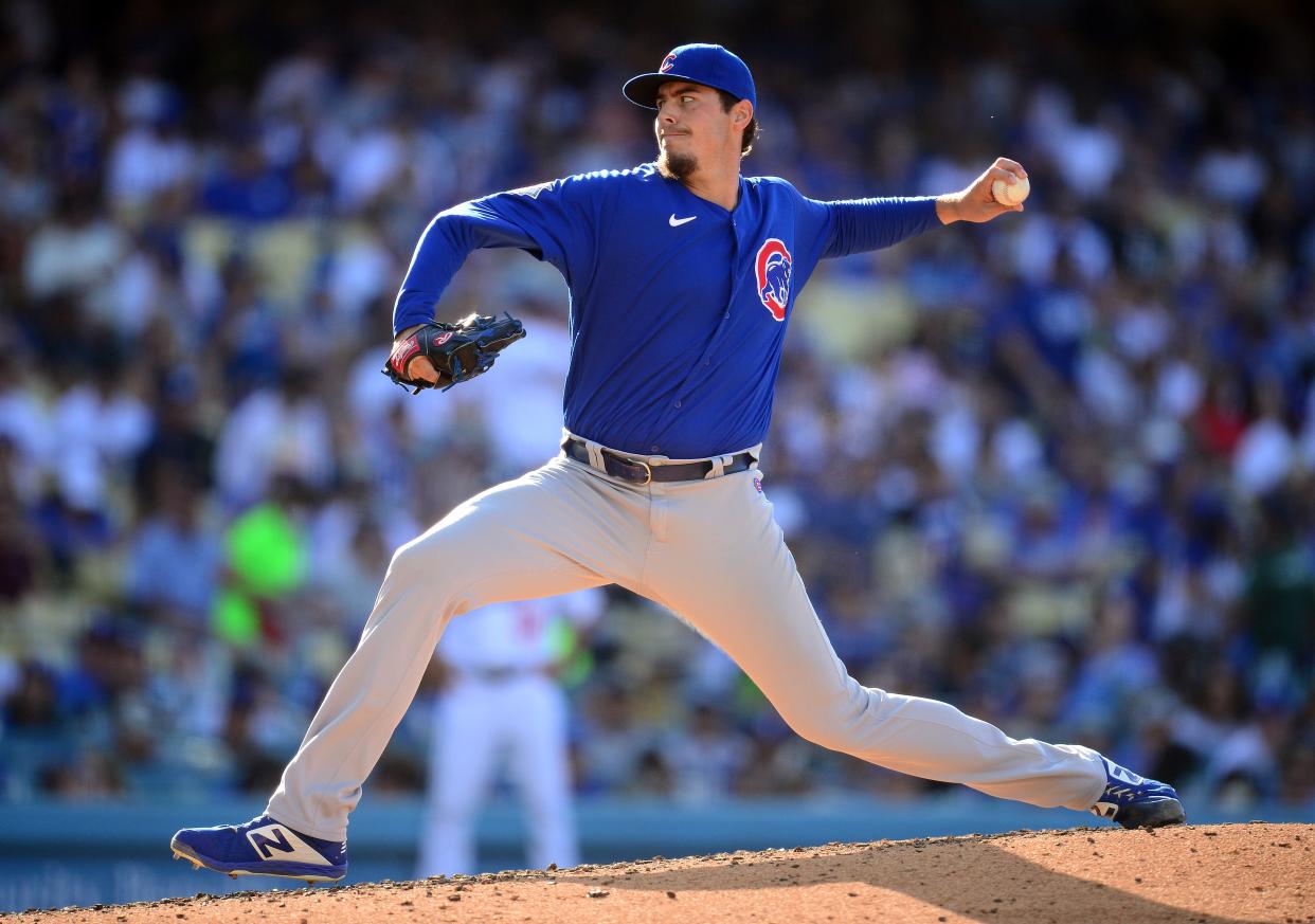 Chicago Cubs pitcher Brad Wieck throws against the Los Angeles Dodgers on June 26, 2021, in Los Angeles.