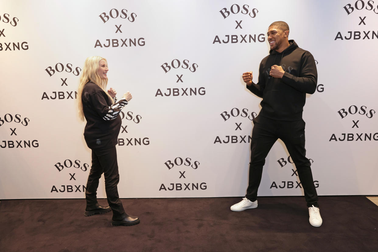 LONDON, ENGLAND - FEBRUARY 24:   Ellie Goulding and Anthony Joshua attend the unveiling of the BOSS x AJBXNG second capsule collection at BOSS Store, Regent Street, on February 24, 2021 in London, England.  (Photo by David M. Benett/Dave Benett/Getty Images for BOSS)