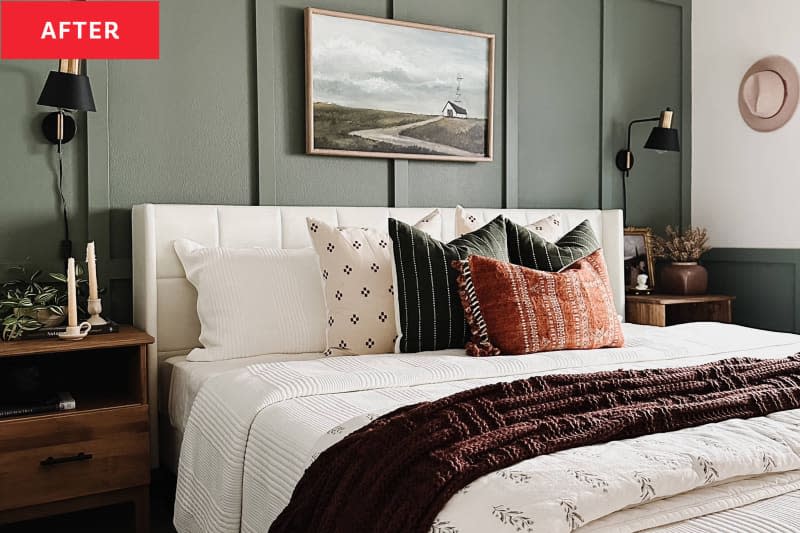 After: Bedroom with green wainscoting and wood panel walls.