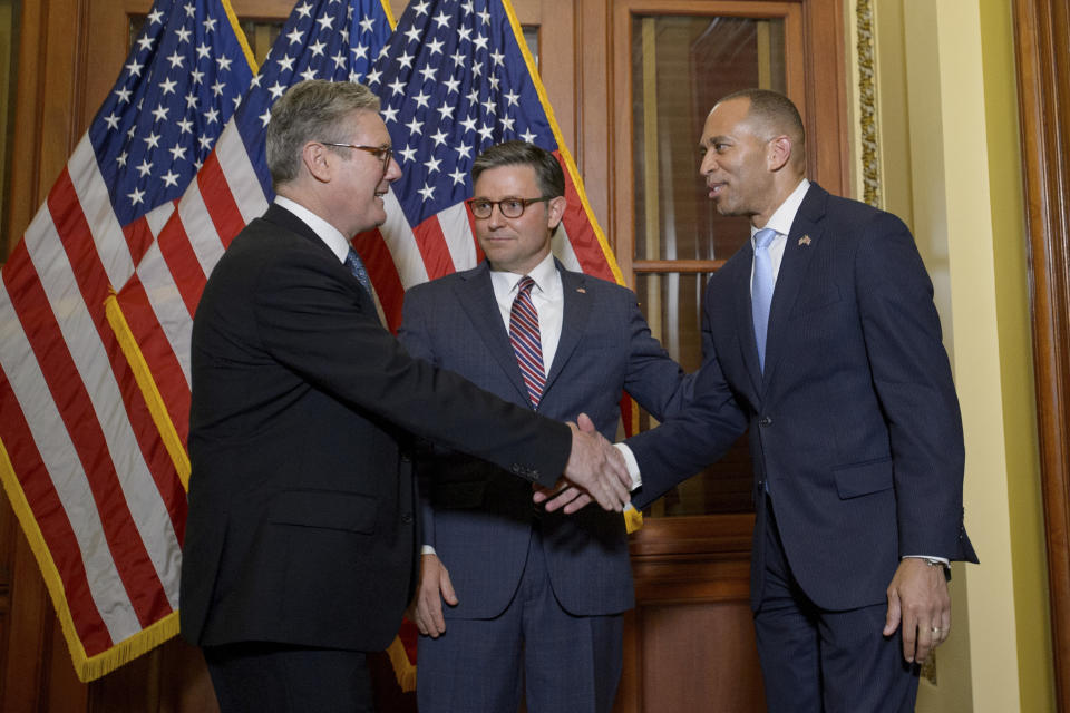 Speaker of the House Mike Johnson, R-La., center, and House Minority Leader Hakeem Jeffries, D-N.Y., right, greet Britain's Prime Minister Keir Starmer at the Capitol as NATO leaders visit Capitol Hill, Wednesday, July 10, 2024, in Washington. (AP Photo/Rod Lamkey, Jr.)