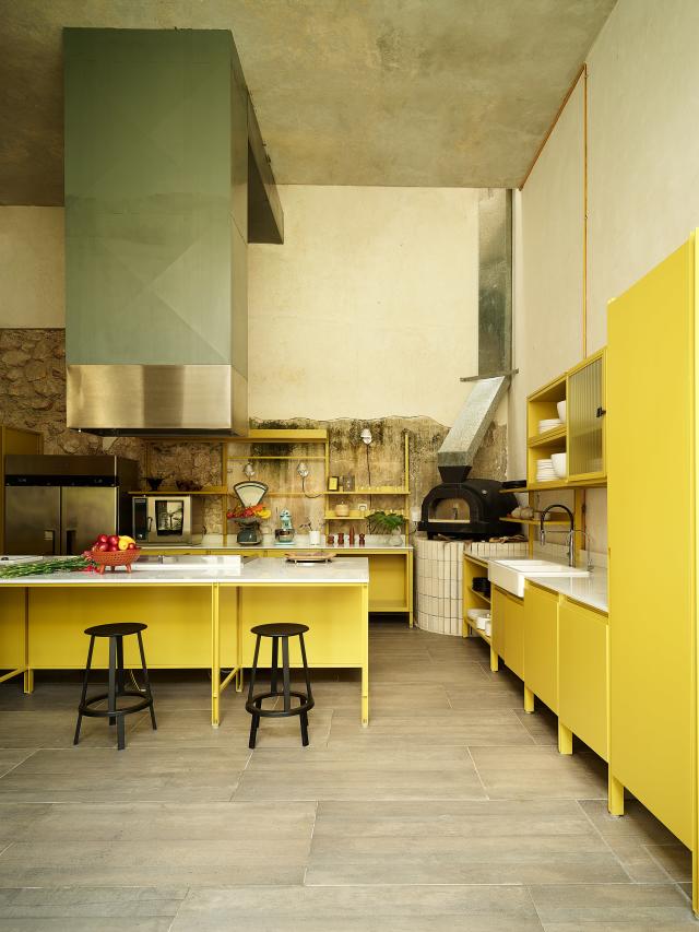 yellow open shelving kitchen design