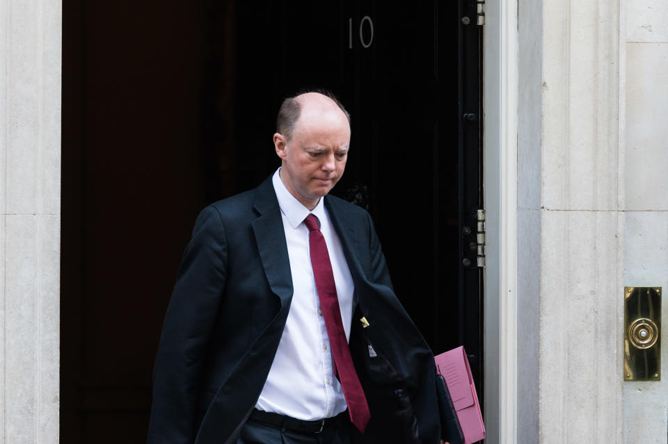 LONDON, UNITED KINGDOM - MARCH 25, 2020: Prof Chris Whitty, the governmentÍs chief medical adviser, leaves 10 Downing Street on 25 March, 2020 in London, England. The month-long parliamentary Easter recess begins today as the UK is under lockdown imposed to slow down the spread of the Coronavirus.- PHOTOGRAPH BY Wiktor Szymanowicz / Barcroft Studios / Future Publishing (Photo credit should read Wiktor Szymanowicz/Barcroft Media via Getty Images)