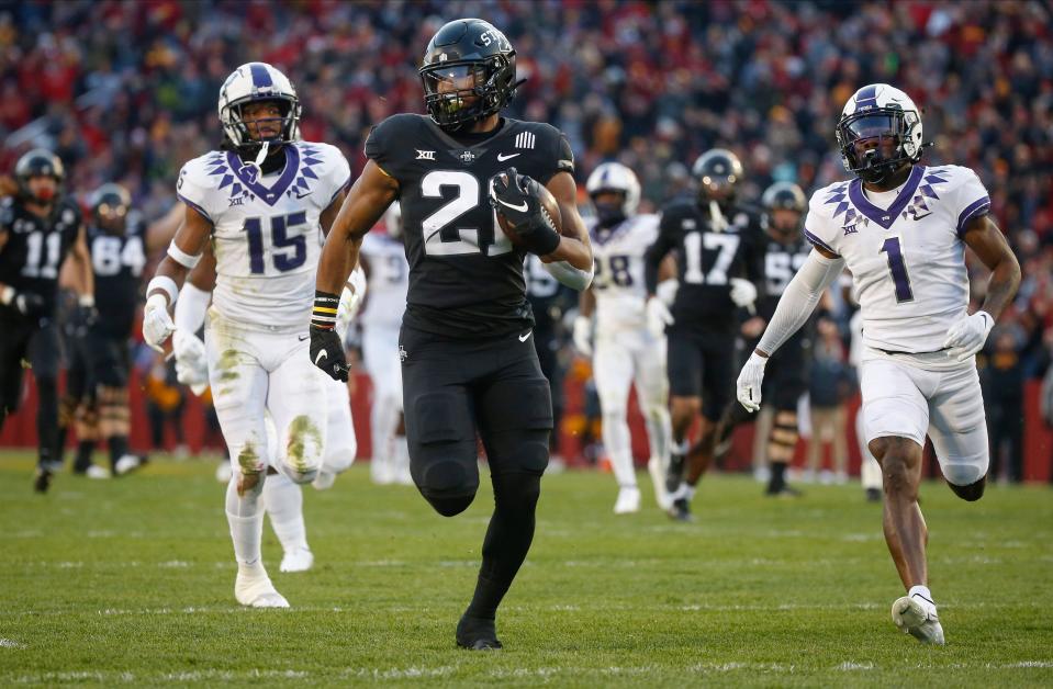 Iowa State sophomore running back Jirehl Brock runs into the end zone for a touchdown in the second quarter against TCU on Friday, Nov. 26, 2021, at Jack Trice Stadium in Ames.