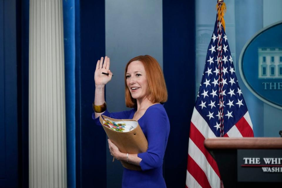 White House Press Secretary Jen Psaki waves goodbye after her final daily press briefing at the White House on May 13, 2022 in Washington, DC. (Getty Images)