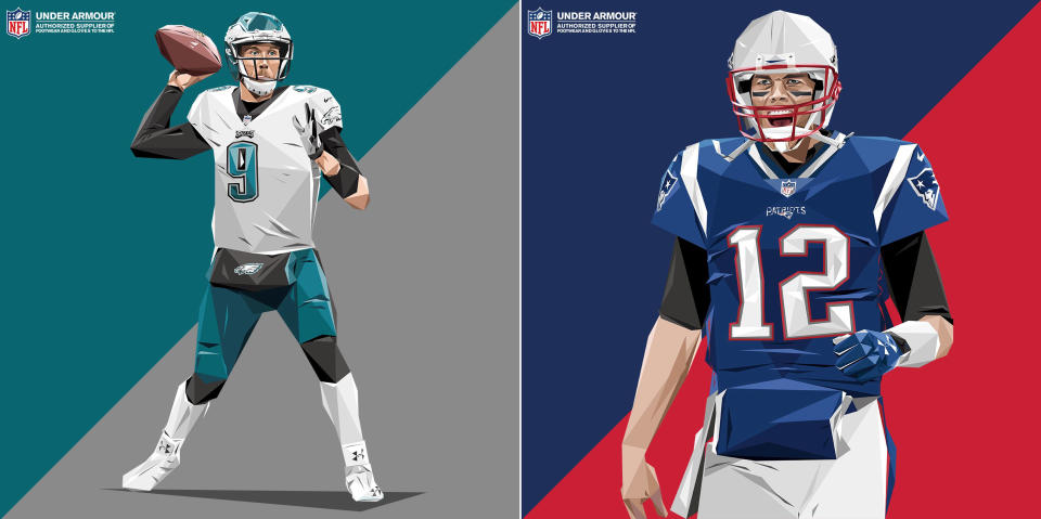 Under Armour promo illustrations for Nick Foles (L) and Tom Brady. (Under Armour/Sunflower Man)